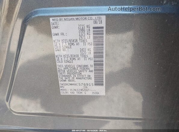 5N1DR2MM4KC576915 2019 NISSAN PATHFINDER Gray Շարժիչի բաժամունքի տեսք