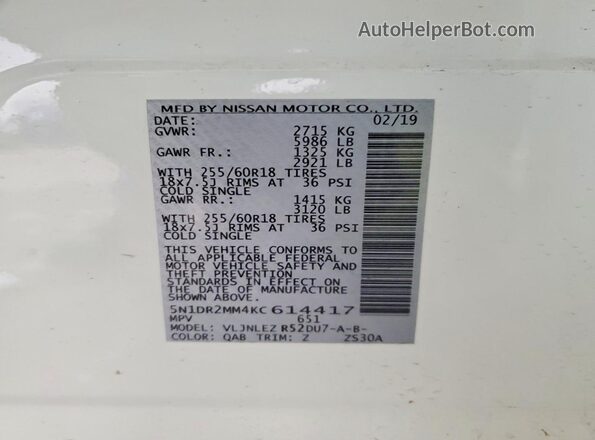 5N1DR2MM4KC614417 2019 NISSAN PATHFINDER White Widok naklejki z numerem VIN