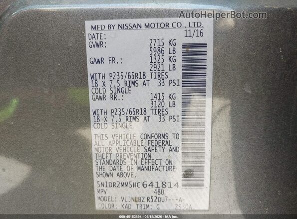 5N1DR2MM5HC641814 2017 NISSAN PATHFINDER Серый Вид подкапотного пространства