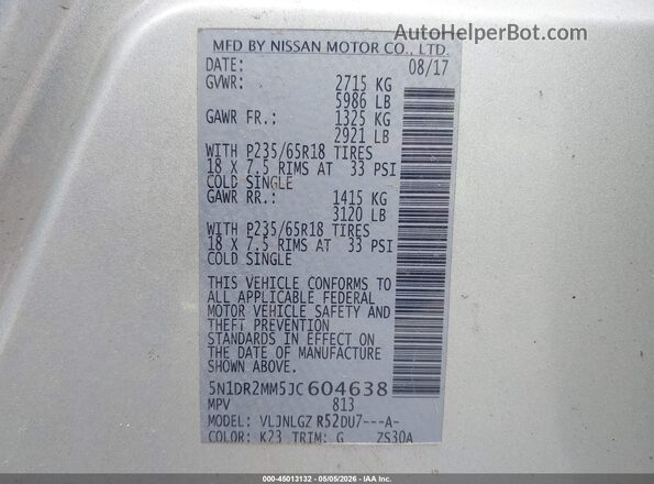 5N1DR2MM5JC604638 2018 NISSAN PATHFINDER Серебряный Вид подкапотного пространства
