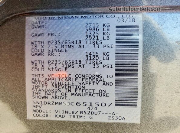 5N1DR2MM5JC651507 2018 NISSAN PATHFINDER Gray Widok naklejki z numerem VIN