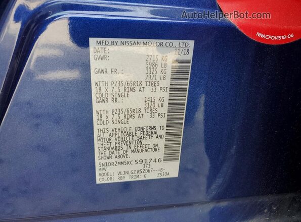5N1DR2MM5KC591746 2019 NISSAN PATHFINDER Blue Вид наклейки з VIN-кодом