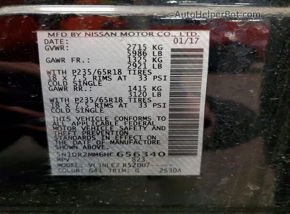 5N1DR2MM6HC656340 2017 NISSAN PATHFINDER Black Вид наклейки з VIN-кодом