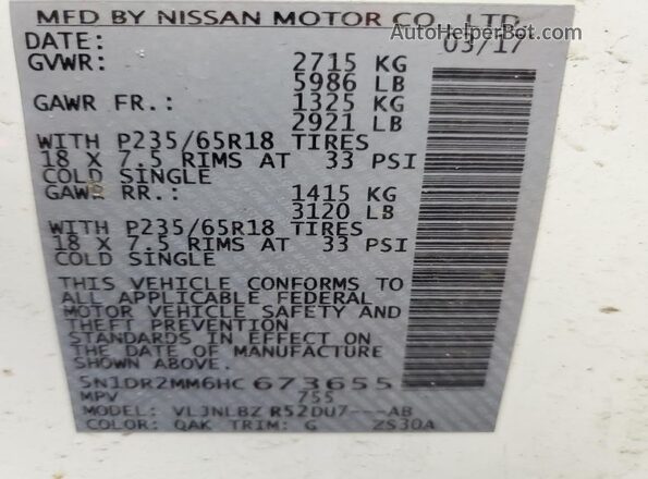 5N1DR2MM6HC673655 2017 NISSAN PATHFINDER White VIN կոդի պիտակի տեսք
