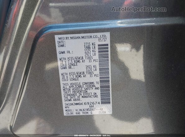 5N1DR2MM6HC692674 2017 NISSAN PATHFINDER White Widok komory silnika