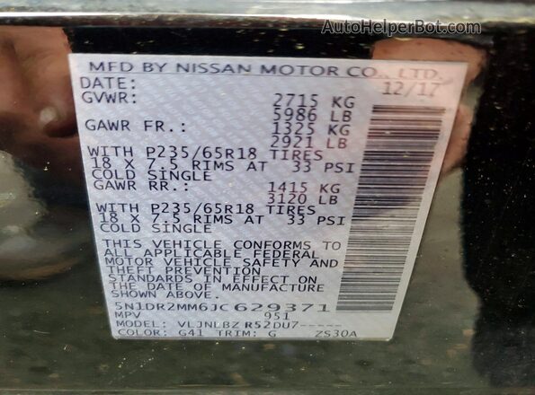 5N1DR2MM6JC629371 2018 NISSAN PATHFINDER Black VIN կոդի պիտակի տեսք