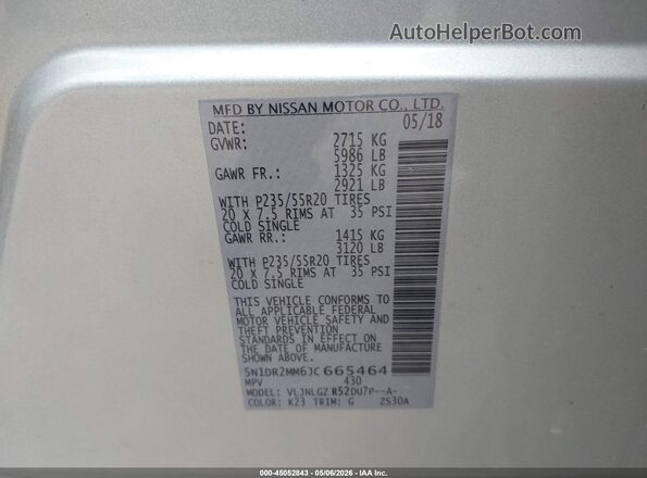 5N1DR2MM6JC665464 2018 NISSAN PATHFINDER Серебряный Вид подкапотного пространства