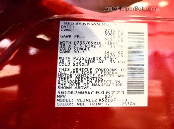 5N1DR2MM6KC646771 2019 NISSAN PATHFINDER Red Vista de la etiqueta del VIN