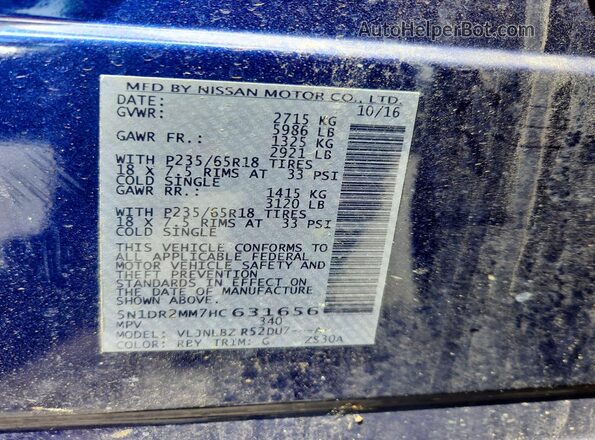 5N1DR2MM7HC631656 2017 NISSAN PATHFINDER Blue Vista de la etiqueta del VIN