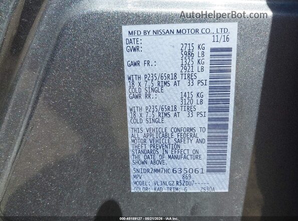5N1DR2MM7HC635061 2017 NISSAN PATHFINDER Gray Вид підкапотного простору