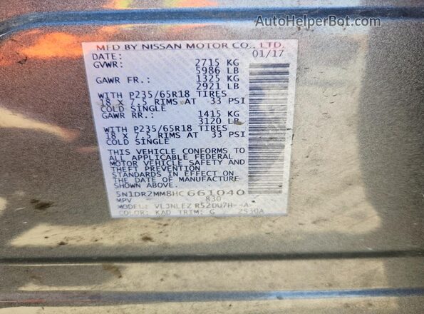 5N1DR2MM8HC661040 2017 NISSAN PATHFINDER Серый Вид наклейки с VIN-кодом