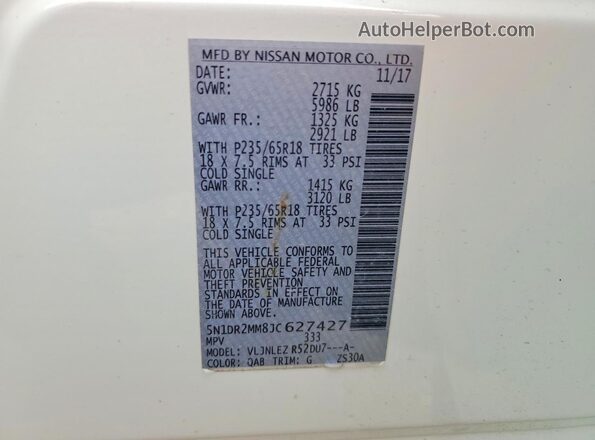5N1DR2MM8JC627427 2018 NISSAN PATHFINDER Белый Вид наклейки с VIN-кодом