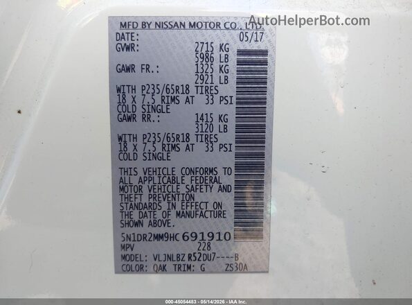5N1DR2MM9HC691910 2017 NISSAN PATHFINDER White Vista del compartimento del motor