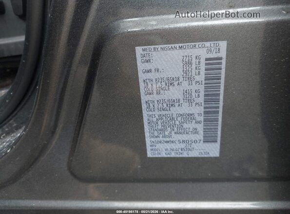 5N1DR2MM9KC580507 2019 NISSAN PATHFINDER Pewter ძრავის განყოფილების ხედი