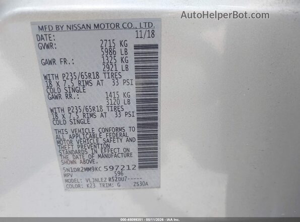 5N1DR2MM9KC597212 2019 NISSAN PATHFINDER Silver Vista del compartimento del motor