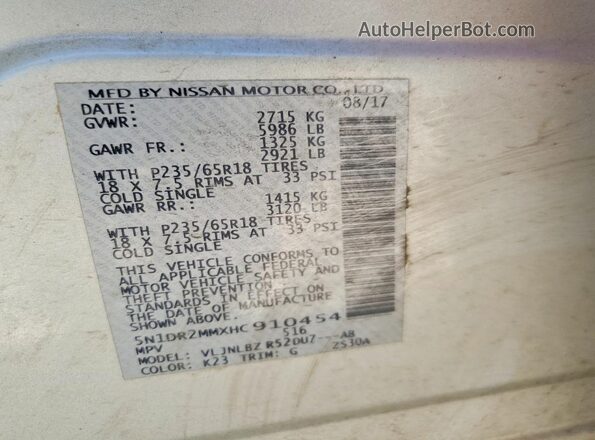 5N1DR2MMXHC910454 2017 NISSAN PATHFINDER Silver Widok naklejki z numerem VIN
