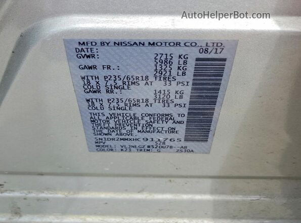 5N1DR2MMXHC911765 2017 NISSAN PATHFINDER Серебряный Вид наклейки с VIN-кодом