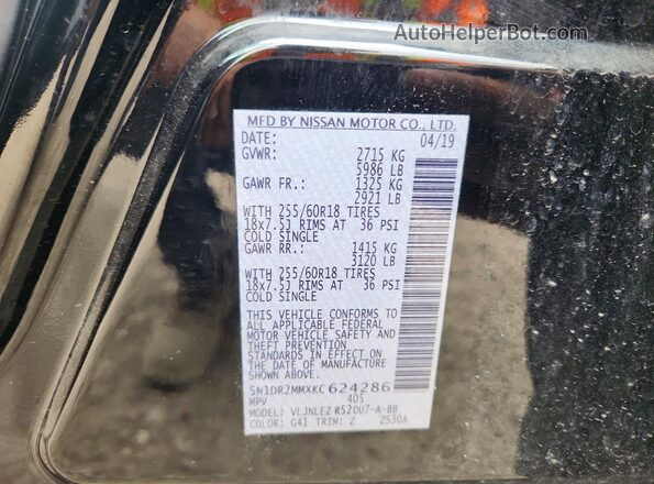 5N1DR2MMXKC624286 2019 NISSAN PATHFINDER Black VIN კოდის სტიკერის ხედი