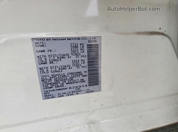 5N1DR2MN0HC626954 2017 NISSAN PATHFINDER Белый Вид наклейки с VIN-кодом