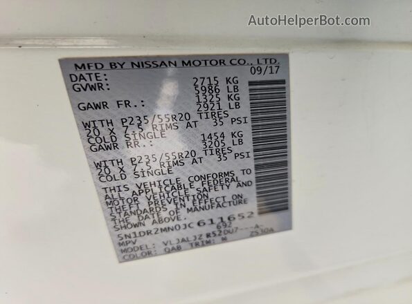 5N1DR2MN0JC611652 2018 NISSAN PATHFINDER White Widok naklejki z numerem VIN