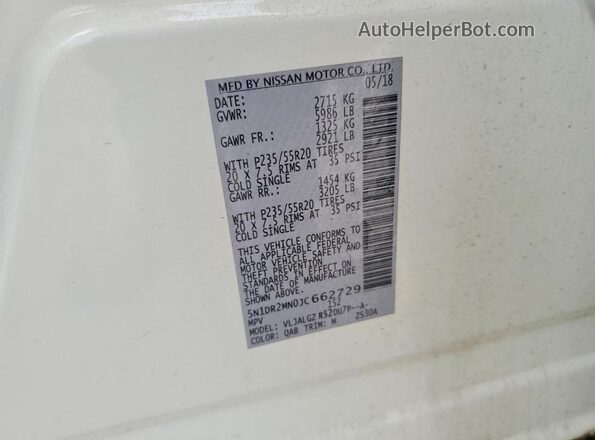 5N1DR2MN0JC662729 2018 NISSAN PATHFINDER White VIN sticker view