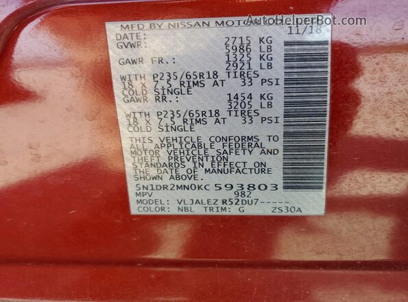 5N1DR2MN0KC593803 2019 NISSAN PATHFINDER Red VIN sticker view