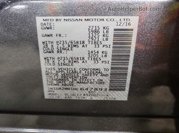 5N1DR2MN1HC647893 2017 NISSAN PATHFINDER Серый Вид наклейки с VIN-кодом