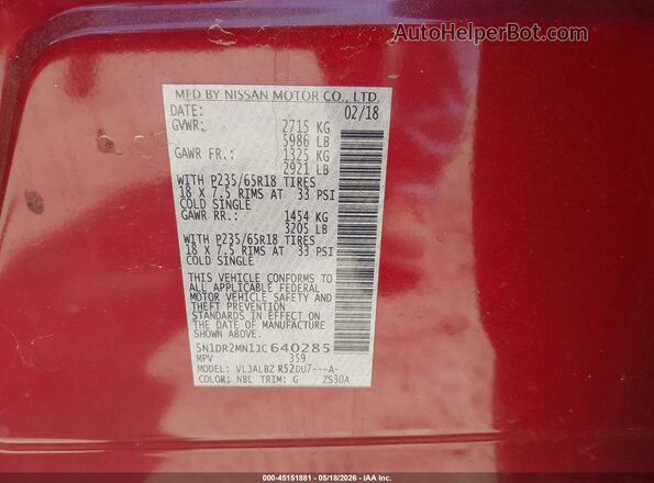 5N1DR2MN1JC640285 2018 NISSAN PATHFINDER Red Widok komory silnika