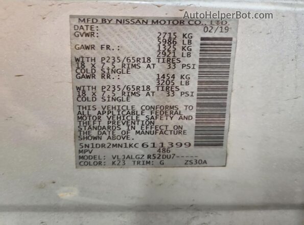 5N1DR2MN1KC611399 2019 NISSAN PATHFINDER Silver Вид наклейки з VIN-кодом