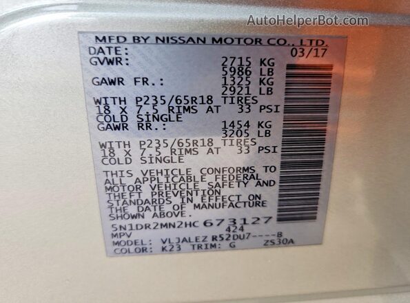 5N1DR2MN2HC673127 2017 NISSAN PATHFINDER Silver Vista de la etiqueta del VIN