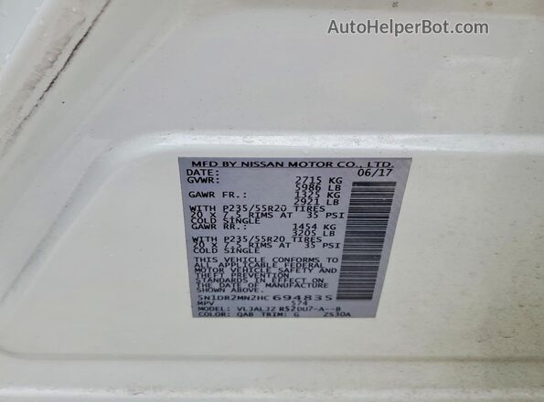 5N1DR2MN2HC694835 2017 NISSAN PATHFINDER White Vista de la etiqueta del VIN