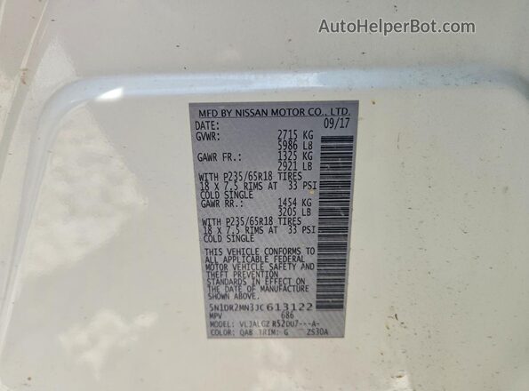 5N1DR2MN3JC613122 2018 NISSAN PATHFINDER Белый Вид наклейки с VIN-кодом