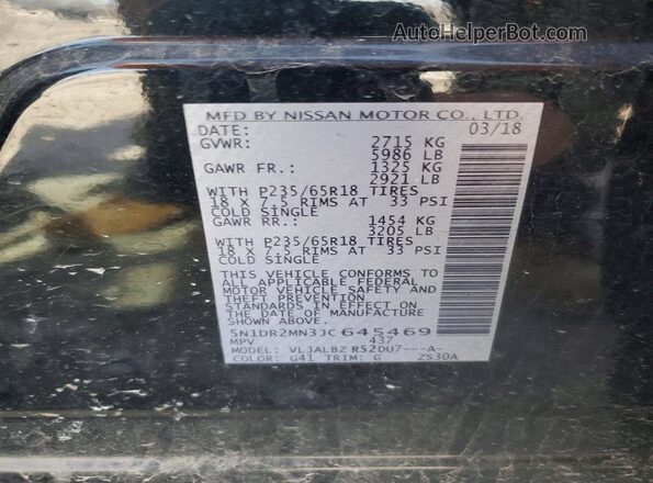 5N1DR2MN3JC645469 2018 NISSAN PATHFINDER Black VIN կոդի պիտակի տեսք