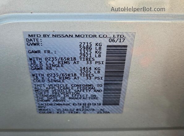 5N1DR2MN4HC698899 2017 NISSAN PATHFINDER Silver Vista de la etiqueta del VIN