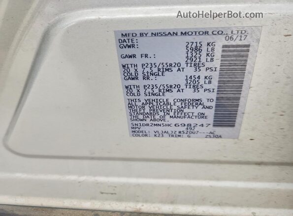 5N1DR2MN5HC698247 2017 NISSAN PATHFINDER Silver Вид наклейки з VIN-кодом