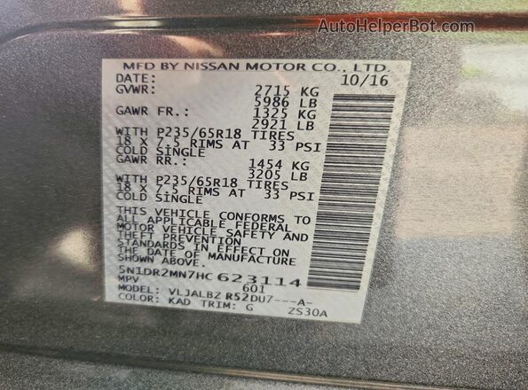 5N1DR2MN7HC623114 2017 NISSAN PATHFINDER Gray Widok naklejki z numerem VIN