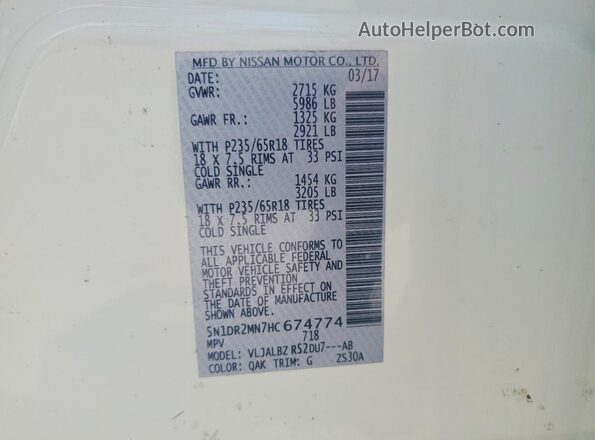 5N1DR2MN7HC674774 2017 NISSAN PATHFINDER Белый Вид подкапотного пространства