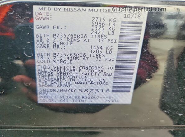 5N1DR2MN7KC587318 2019 NISSAN PATHFINDER Черный Вид наклейки с VIN-кодом