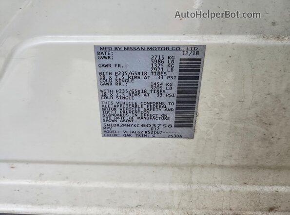 5N1DR2MN7KC603758 2019 NISSAN PATHFINDER White VIN კოდის სტიკერის ხედი