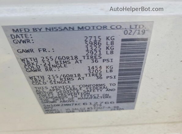 5N1DR2MN7KC612766 2019 NISSAN PATHFINDER White Vista de la etiqueta del VIN