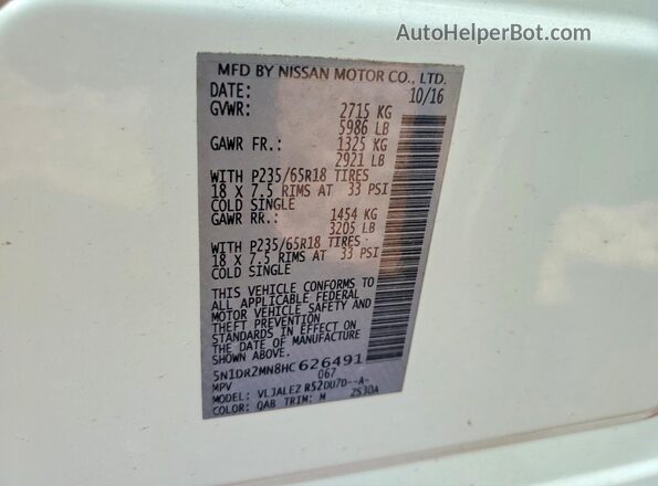 5N1DR2MN8HC626491 2017 NISSAN PATHFINDER Белый Панорамный вид салона 360°