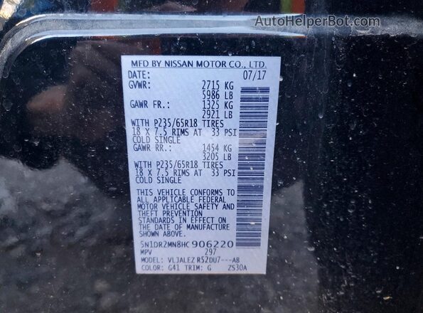 5N1DR2MN8HC906220 2017 NISSAN PATHFINDER Black Vista de la etiqueta del VIN