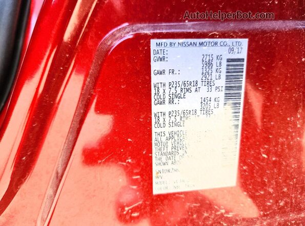 5N1DR2MN8JC613682 2018 NISSAN PATHFINDER Red VIN կոդի պիտակի տեսք