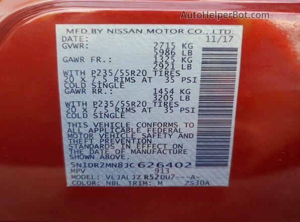 5N1DR2MN8JC626402 2018 NISSAN PATHFINDER Красный Панорамный вид салона 360°