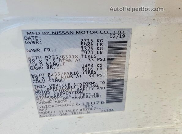 5N1DR2MN8KC615076 2019 NISSAN PATHFINDER White VIN sticker view