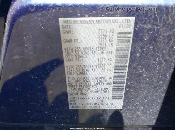 5N1DR2MN9KC637376 2019 NISSAN PATHFINDER Dark Blue Вид підкапотного простору
