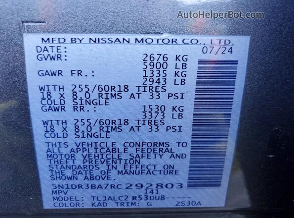 5N1DR3BA7RC292803 2024 NISSAN PATHFINDER Gray Widok naklejki z numerem VIN