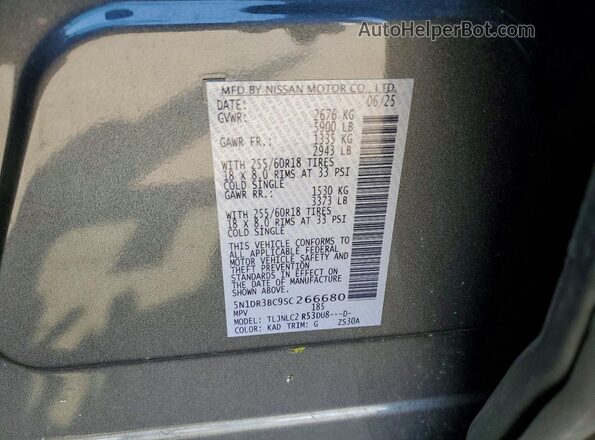 5N1DR3BC9SC266680 2025 NISSAN PATHFINDER Серый Вид наклейки с VIN-кодом