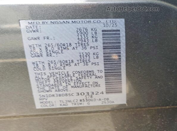 5N1DR3BD8SC303324 2025 NISSAN PATHFINDER Серый Вид наклейки с VIN-кодом