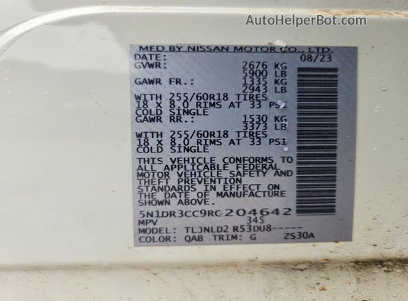 5N1DR3CC9RC204642 2024 NISSAN PATHFINDER Белый Панорамный вид салона 360°